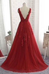 Burgundy Prom Dress V Neck Tulle Lace Long Evening Gown Evening Dress