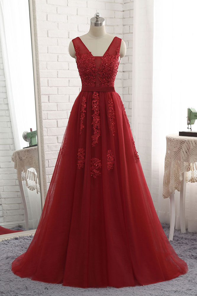 Burgundy Prom Dress V Neck Tulle Lace Long Evening Gown Evening Dress