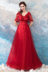 Burgundy Prom Dress V Neck Tulle Lace Long Formal Dress Evening Dress