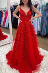 Burgundy Prom Dress V Neck Tulle Lace Long Formal Dress Evening Dress