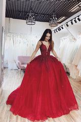 Burgundy Prom Dress V Neck Tulle Lace Long Formal Dress Evening Dress