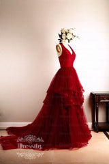 Burgundy Prom Dress V Neck Tulle Long Evening Dress