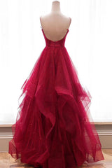 Burgundy Prom Dress V Neck Tulle Long Evening Dress