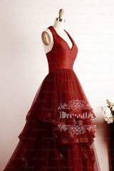 Burgundy Prom Dress V Neck Tulle Long Evening Dress