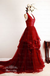 Burgundy Prom Dress V Neck Tulle Long Evening Dress
