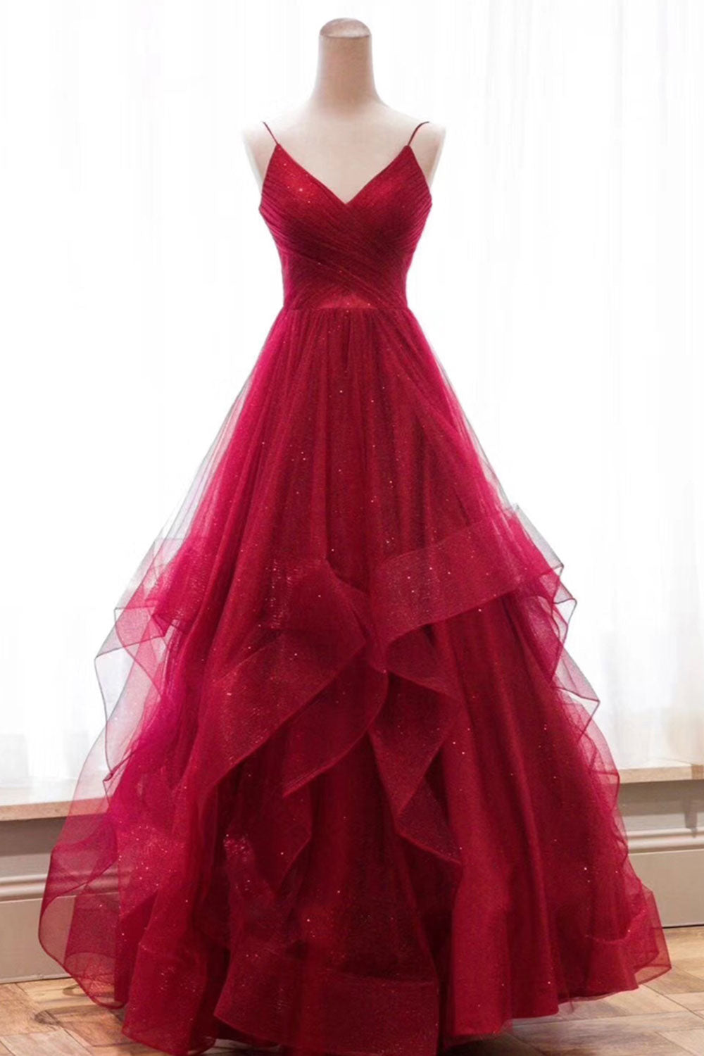 Burgundy Prom Dress V Neck Tulle Long Evening Dress