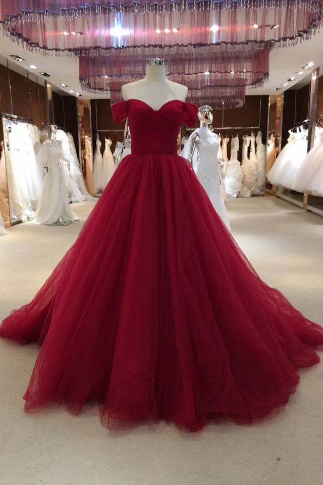 Burgundy Prom Dress V Neck Tulle Long Evening Dress