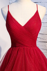 Burgundy Prom Dress V Neck Tulle Long Formal Evening Dress