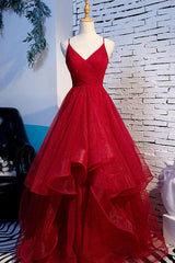 Burgundy Prom Dress V Neck Tulle Long Formal Evening Dress