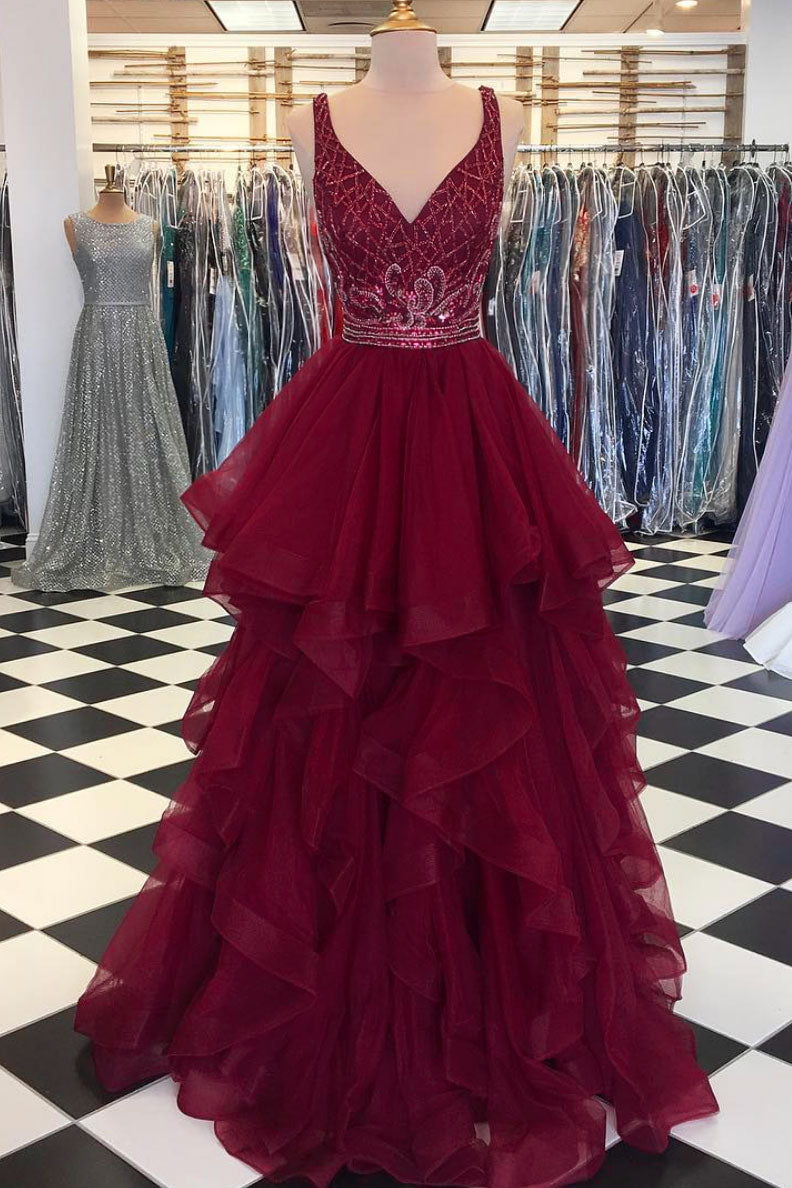 Burgundy Prom Dress V Neck Tulle Sequin Beaded Long Formal Gown Evening Dress