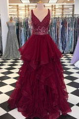 Burgundy Prom Dress V Neck Tulle Sequin Beaded Long Formal Gown Evening Dress