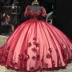 Burgundy Red Quinceanera Dresses 3D Flower Sweetheart Appliques Tulle Princess Ball Gown Sweet 15 16 Dresses