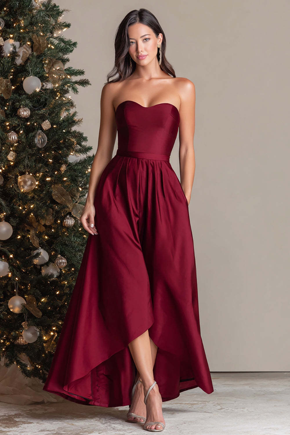 Dressystars Burgundy Satin Sweetheart A Line Long Prom Dress
