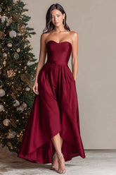 Dressystars Burgundy Satin Sweetheart A Line Long Prom Dress