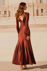 Dressystars Burgundy Satin V-Neck Mermaid Long Sleeves Evening Dress With Ruffles