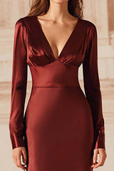 Dressystars Burgundy Satin V-Neck Mermaid Long Sleeves Evening Dress With Ruffles