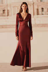 Dressystars Burgundy Satin V-Neck Mermaid Long Sleeves Evening Dress With Ruffles