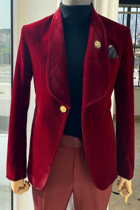 Burgundy Shawl Lapel 2 Piece Slim Fit Velvet Wedding Suit