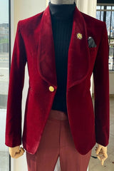 Burgundy Shawl Lapel 2 Piece Slim Fit Velvet Wedding Suit