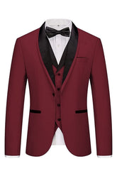 Burgundy Shawl Lapel Three Piece Wedding Suit