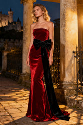 Dressystars Burgundy Strapless Mermaid Long Velvet Holiday Party Dress With Bow