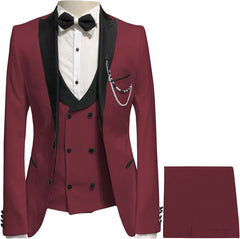 Burgundy Three Piece Peaked Lapel Prom Suit