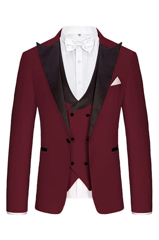 Burgundy Three Piece Peaked Lapel Prom Suit for Men