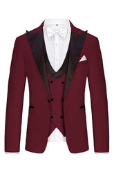 Burgundy Three Piece Peaked Lapel Prom Suit for Men