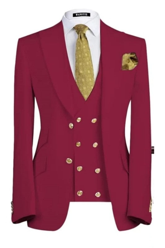 Burgundy Three Piece Peaked Lapel Prom Suit