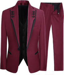 Burgundy Three Piece Shawl Lapel Prom Suit