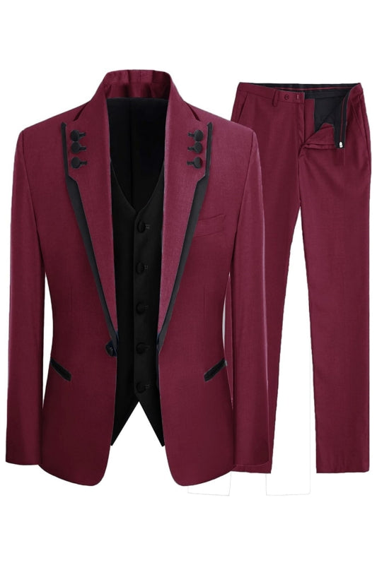 Burgundy Three Piece Shawl Lapel Prom Suit