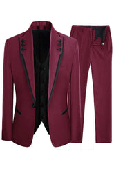 Burgundy Three Piece Shawl Lapel Prom Suit