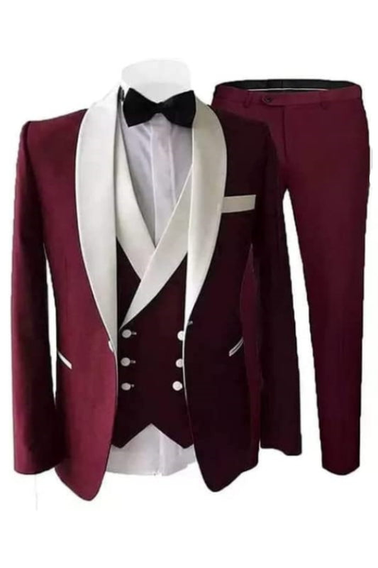 Burgundy Three Piece Shawl Lapel Wedding Suit