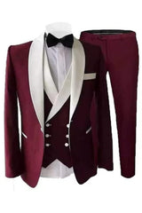 Burgundy Three Piece Shawl Lapel Wedding Suit