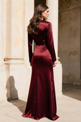 Dressystars Burgundy V-Neck Mermaid Long Satin Evening Dress With Sleeves
