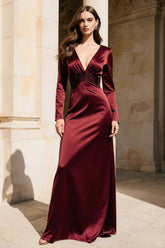 Dressystars Burgundy V-Neck Mermaid Long Satin Evening Dress With Sleeves