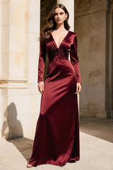 Dressystars Burgundy V-Neck Mermaid Long Satin Evening Dress With Sleeves