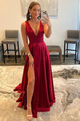 Burgundy V Neck Prom Dress Backless Long A Line Evening Dress with Lace