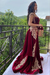 Burgundy Velvet Christmas Party Dress Lace Appliques Slit Formal Dress With Detachable Train