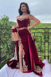 Burgundy Velvet Christmas Party Dress Lace Appliques Slit Formal Dress With Detachable Train