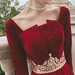 Burgundy Velvet Dress Long Sleeve Lace Appliqued Wedding Evening Dress
