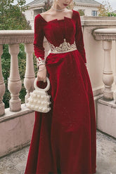 Burgundy Velvet Dress Long Sleeve Lace Appliqued Wedding Evening Dress