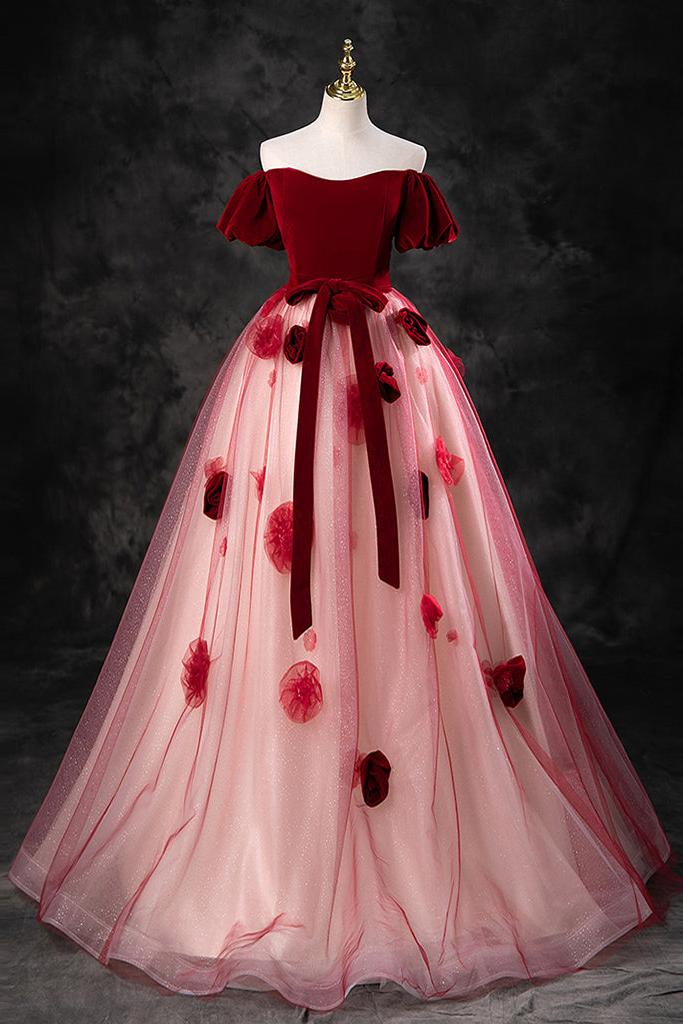 Burgundy Velvet Formal Dress A Line Tulle Long Evening Dress