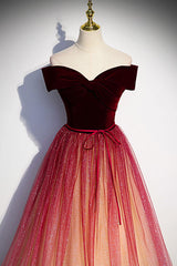 Burgundy Velvet Formal Dress A Line Tulle Sequin Long Christmas Party Dress