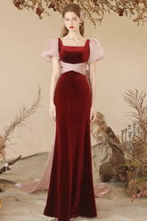 Burgundy Velvet Formal Dress Mermaid Long Christmas Party Dress