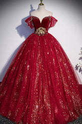 Burgundy Velvet Formal Dress Tulle Sequin Long Evening Dress