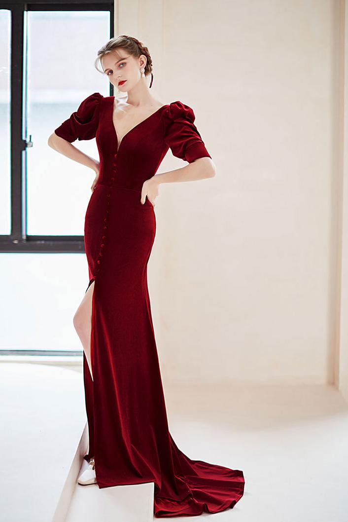 Burgundy Velvet Formal Dress V Neck Long Christmas Party Dress Burgundy Velvet Formal Dress V Neck Long Christmas Party Dress