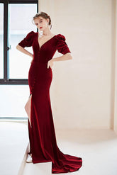 Burgundy Velvet Formal Dress V Neck Long Christmas Party Dress