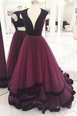 Burgundy Velvet Formal Dress V Neck Tulle Long Evening Dress