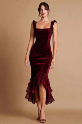 Dressystars Burgundy Velvet Mermaid Midi Prom Dress With Ruffles